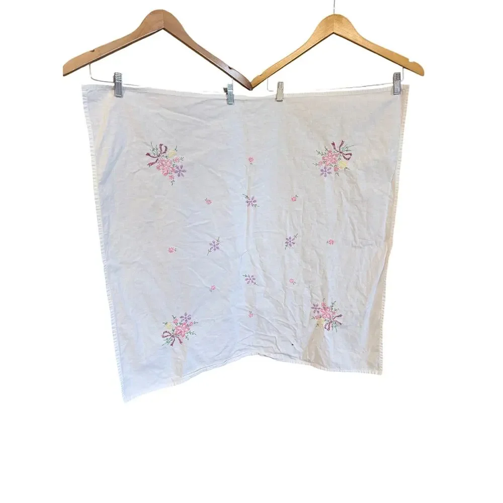 Vintage handmade white embroidered tablecloth floral cottagecore square 30X30